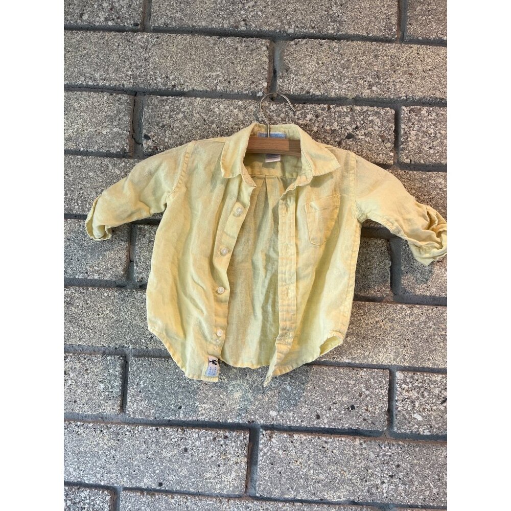 Janie And Jack Yellow Linen Baby Shirt 12-18 Months Button-Down Long Sleeve Ches